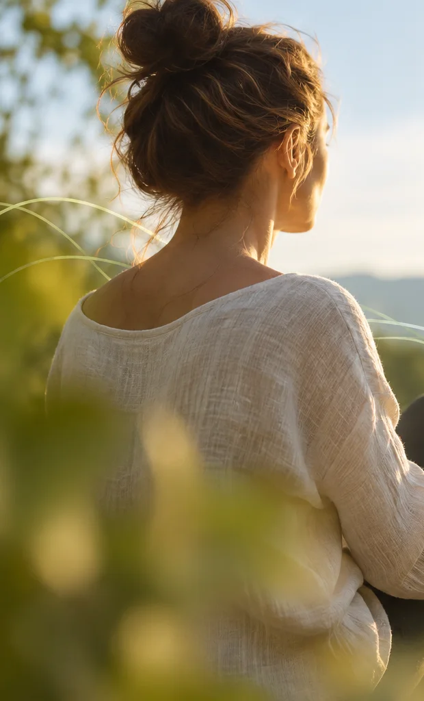 Une femme assise face à un lac au soleil couchant